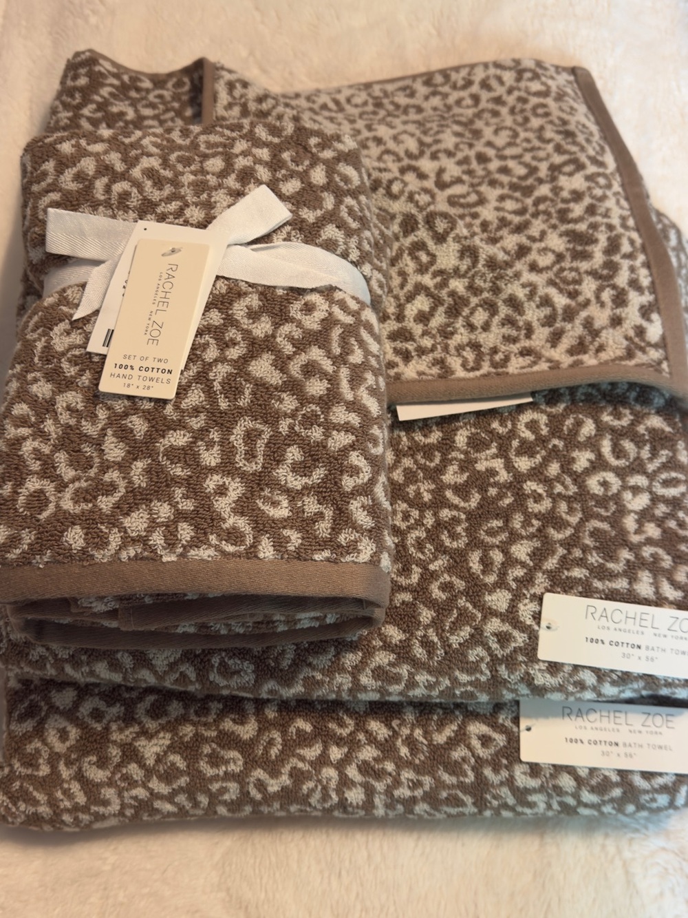 4pc Rachel Zoe Animal Print Leopard Cheetah White Tan 2 Bath 2 Hand Towels Set 4